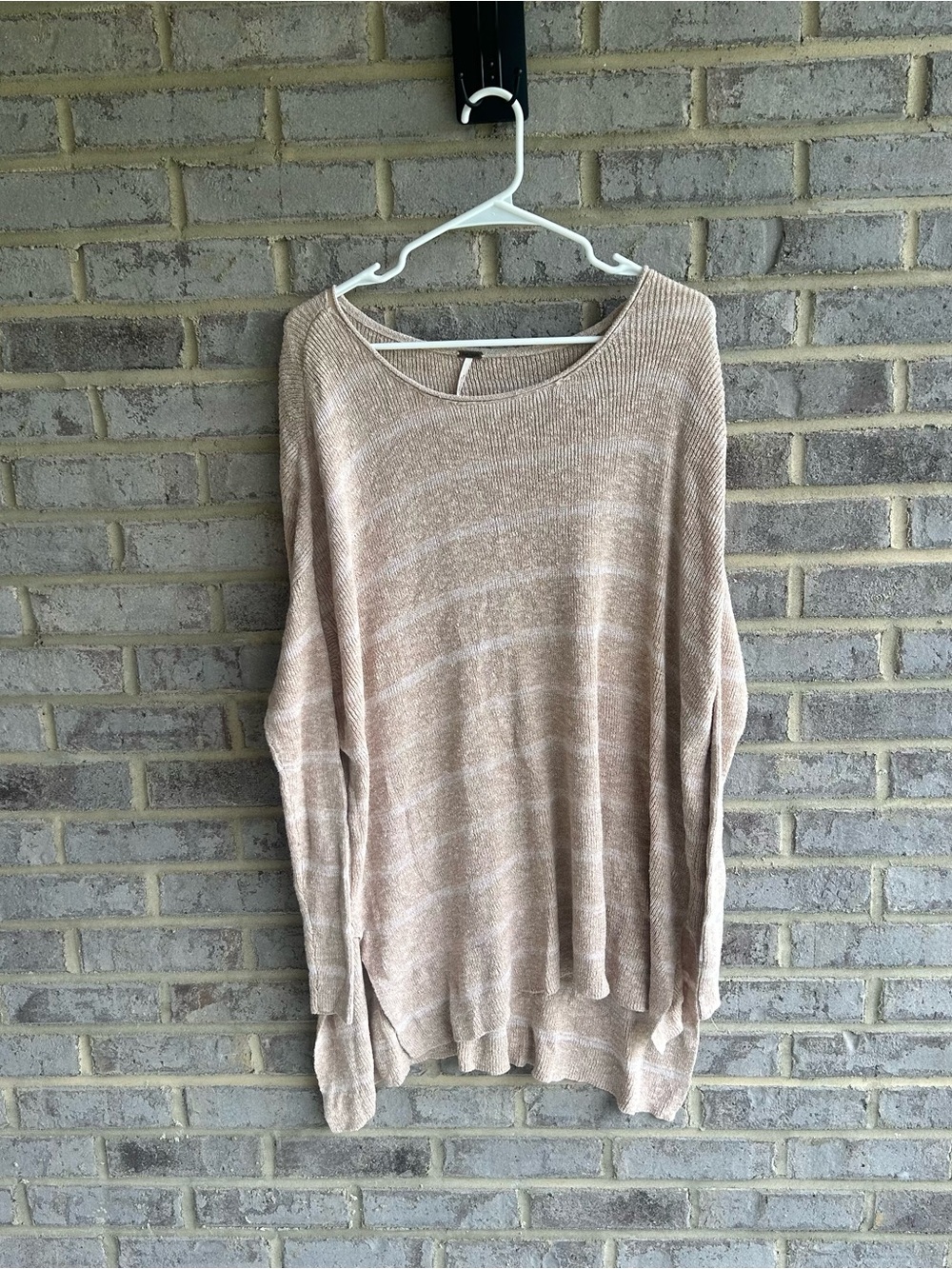 Free People Oversized Neutral Beige Mix Scoop Neck Knit Pullover